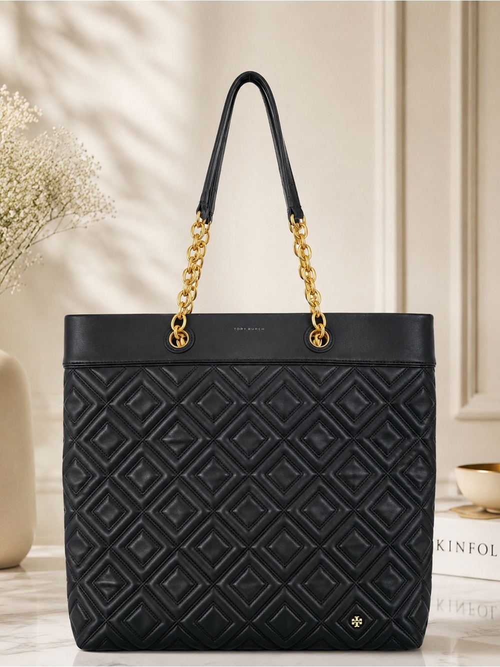Tory Burch Fleming Black Quilted Leather Tote with Gold Chain Straps